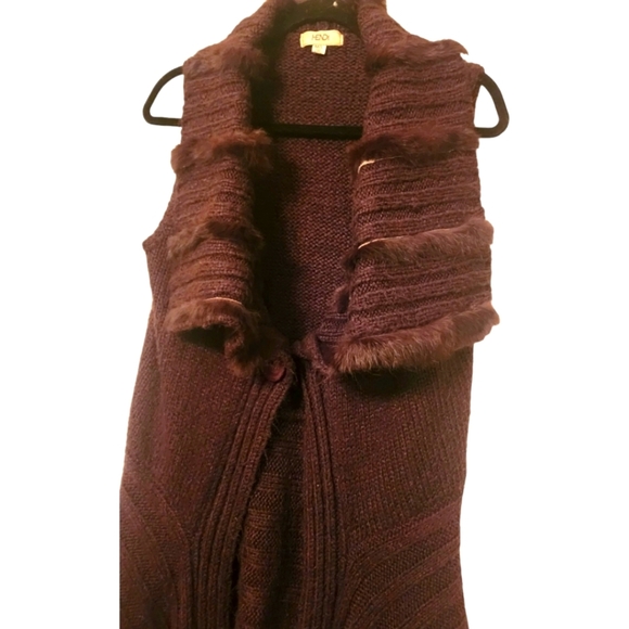 🔖Final Sale! Hendi Brown Asymmetrical Long Duster Sweater Vest with Fur Trim - Picture 6 of 16